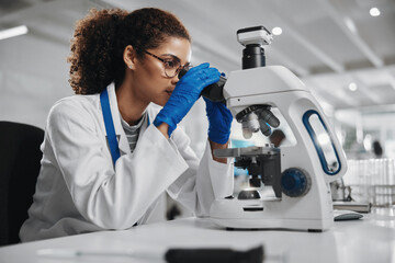Aufkleber - Microscope, woman and virus research of science study with healthcare, scientist and laboratory work. Analysis, testing and medical professional with disease investigation for scientific journal