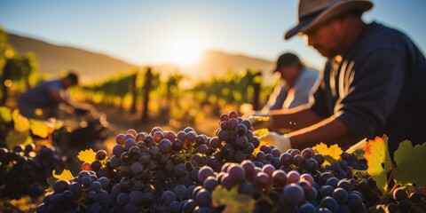 Wall Mural - Harvesting Grapes at Sunset