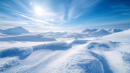 Wall Mural - a pristine snowy landscape, with sparkling white snow stretching out beneath a crystal-clear blue sky, capturing the essence of a perfect winter day.