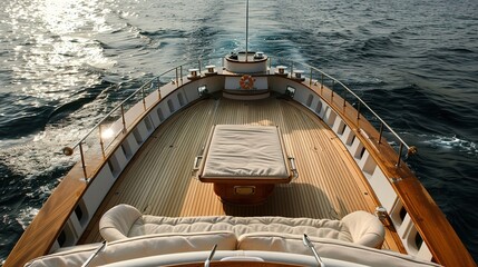 Wall Mural - Tranquil Sunset at the Bow of a Private Boat on Calm Waters, Serene and Peaceful Evening Scene