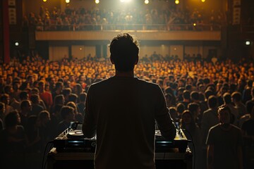 Wall Mural - DJ performing with vibrant lights and a dynamic crowd creating an energetic atmosphere