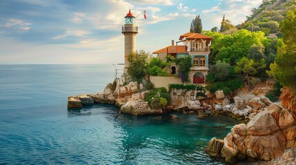 LighPerched majestically on the rugged coastline of Alanya, a lighthouse stands sentinel against the backdrop of the shimmering Mediterranean Sea. 