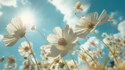 Sticker - Captured from a low angle, a delicate white flower blooms gracefully against the backdrop of a clear blue sky.