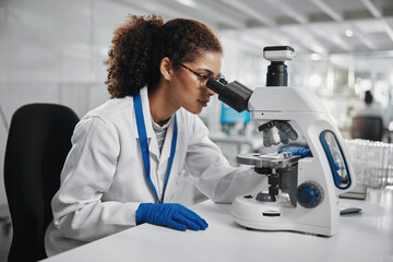 Poster - Microscope, woman check and virus research of science study with healthcare, scientist and laboratory work. Analysis, testing and medical professional with investigation for scientific journal
