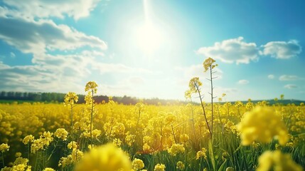 Under the warm embrace of a spring sun, a vast rapeseed field stretches to the horizon, painting the landscape in a sea of vibrant yellow blooms.