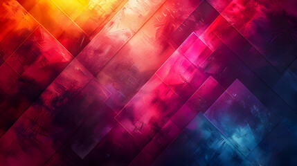 Poster - Elegant and minimalist digital art abstract background featuring a grid of glowing neon geometric shapes and patterns in vivid chromatic tones with soft ambient lighting and a dynamic
