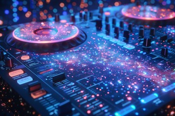 Canvas Print - Close up of DJ equipment with vibrant neon lights creating a detailed and dynamic scene