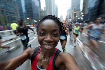 Wall Mural - Black woman taking a selfie while running in a marathon, surrounded by other runners and with a city skyline in the background. People enjoying the outdoor sport event with happy faces and motion blur