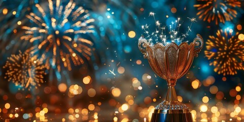 Golden Trophy Celebration with Sparkling Fireworks in Vibrant Colors