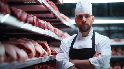 Man standing in front of shelves with raw meat. Male butcher or shopkeeper working in modern meathsop