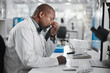 © peopleimages.com - Black man, scientist and stress in laboratory for analysis, innovation and medical research. Development, technology and professional person or expert in clinic for diagnosis, cure and headache