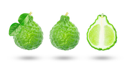 Wall Mural - Flying bergamot has leaf with slice isolated on white background , clipping path.