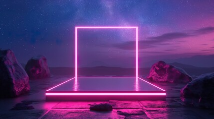 Wall Mural - futuristic pink luminous sqare frame podium, business e-commerce product presentation background