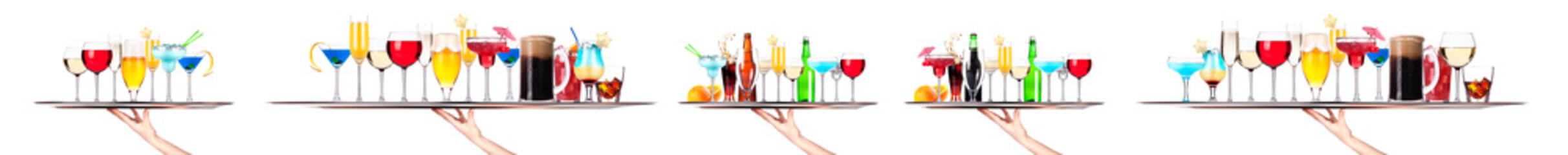 Poster - Hand holding tray with different alcohol cocktails isolated on white background