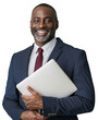 © 361 Portrait Studio - Portrait of a middle aged black businessman happy smiling with holding using laptop computer and looking, Wear a blue suit with standing posing, isolated on white background, png