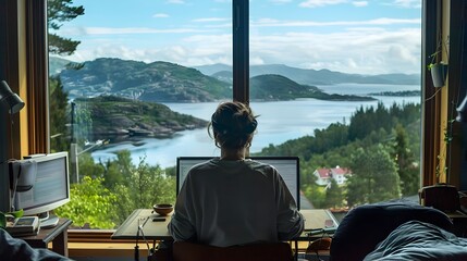 Poster - Remote Worker Enjoying Scenic View from Home Office Desk