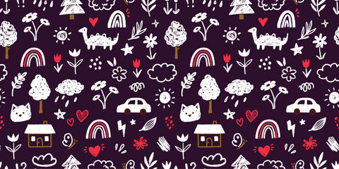Wall Mural - Cute kid child element vector seamless pattern. Hand drawn doodle sketch children cute vector school chalk background. Kids doodle crayon style line flower, cloud doodle pattern. Vector illustration