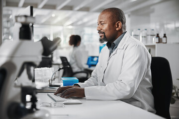 Aufkleber - Science, lab and research with black man and computer for microscope data analysis and report. Working, scientist and medical journal study with technology and professional with healthcare article