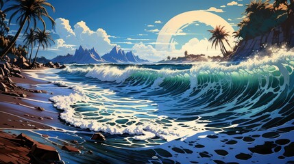 Wall Mural - waves and coconut palm shadow on blue background