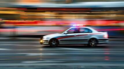 Speeding police car on a busy city street at night with motion blur effects capturing the dynamic movement and urban energy