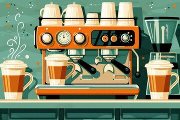 Poster - Retro style coffee machine with cups on a counter creating a nostalgic and charming cafe scene