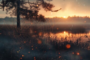 Poster - a spider web in the forest at sunset