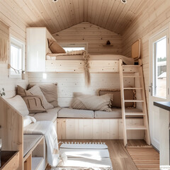 Wall Mural - Bright and Airy Scandinavian Tiny House with Functional Design and Cozy Textiles