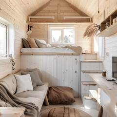 Wall Mural - Bright and Airy Scandinavian Tiny House with Functional Design and Cozy Textiles