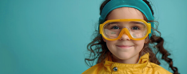 A young girl wearing yellow goggles and a blue headband. She is smiling and looking at the camera