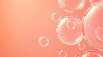 Wall Mural - A serene illustration of various sized translucent pink bubbles floating upwards on a soft gradient coral background, depicting calmness and simplicity