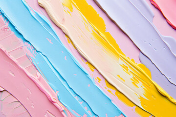 Fototapete - Colorful pastel background with different colored paint strokes. Abstract flat lay top view concept banner template for cosmetic product presentation or promotion, in the style of copy space.


