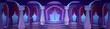 © klyaksun - Medieval royal castle ballroom interior with columns and curtains on arch shape windows at night. Cartoon vector luxury king palace hall room for dance. Dark empty vintage inside architecture.
