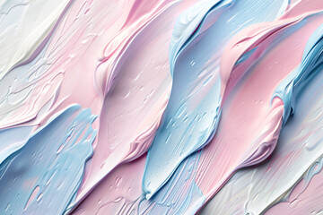 Fototapete - Colorful pastel background with different colored paint strokes. Abstract flat lay top view concept banner template for cosmetic product presentation or promotion, in the style of copy space.


