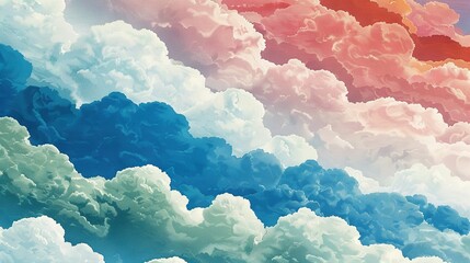 Poster -   A vibrant depiction of clouds in hues of blue, pink, yellow, and green against a backdrop of endless sky, featuring a distant plane