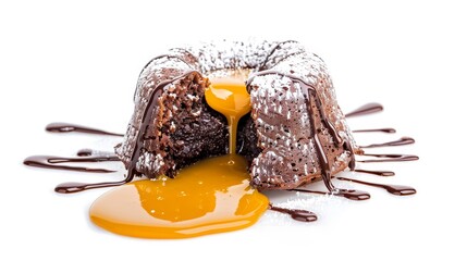 Decadent chocolate lava cake, caramel sauce flowing, sprinkled with icing, isolated background, professional studio lighting, high clarity, ideal for dessert display ads