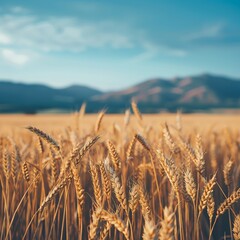 Close up of golden wheat field in the evening, with mountains and blue sky background, blurred texture, real photo, ultra high definition 