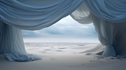 Poster - a white curtain in a snowy landscape