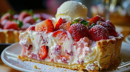 Wall Mural -  Slice of cake with strawberries and ice cream on top