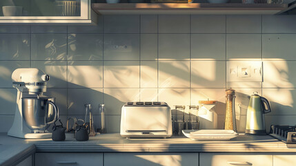 Wall Mural - Modern Kitchen Countertop with Morning Sun Reflection