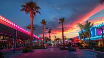 Wall Mural - A wide-angle view of a street lined with retro neon buildings and palm trees at sunset. The sky is a vibrant mix of pink, orange, and blue