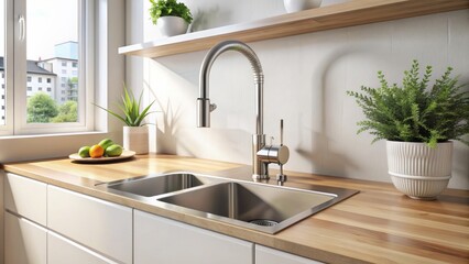 Wall Mural - Modern stainless steel kitchen sink with pull-out faucet and built-in water filter under crisp white cabinetry against bright wall.