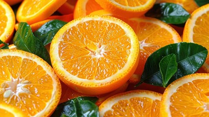 Wall Mural -   An image of oranges, cut into slices and arranged in a pile, surrounded by orange leaves, with water droplets on top