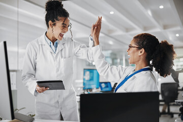 Wall Mural - Teamwork, technology and high five in laboratory for success, innovation or analysis. Collaboration, achievement and women in clinic or hospital for research, advice and career development in science