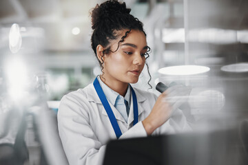 Poster - Microscope, woman and research of lab study with healthcare, scientist and clinic work. Analysis, bacteria testing and medical professional with pathology investigation for scientific journal