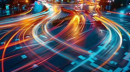 Fototapete - Abstract light trails of traffic in a city at night.