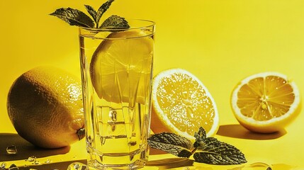 Wall Mural -   A glass of lemon water with two lemons and a mint sprig on a bright yellow background
