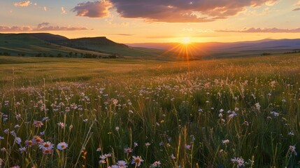 Canvas Print - The peacefulness of a sunset over a meadow, the sky turning golden and the wildflowers glowing in the last light of day, creates a serene and beautiful moment.