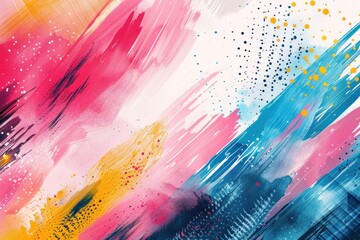 Poster - Vibrant Abstract Pastel Background with Dynamic Brush Strokes and Dot Patterns in Pink, Blue, and Yellow. ai generative