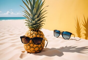 A pineapple wearing sunglasses on a beach with a yellow wall and blue sky in the background

