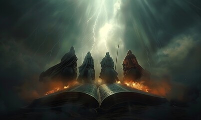 Wall Mural - A large open Bible with the four horsemen from Revelation's book of horses and arm workspace standing next to it, each wearing their different colored cloaks as they float above the bible in an